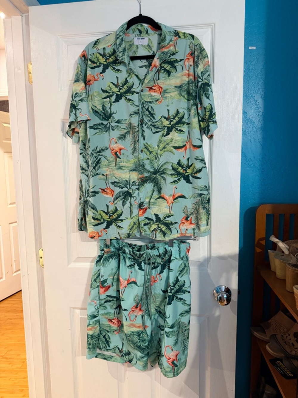 Men’s Tropical Flamingo Shirt with matching Swim Trunks.